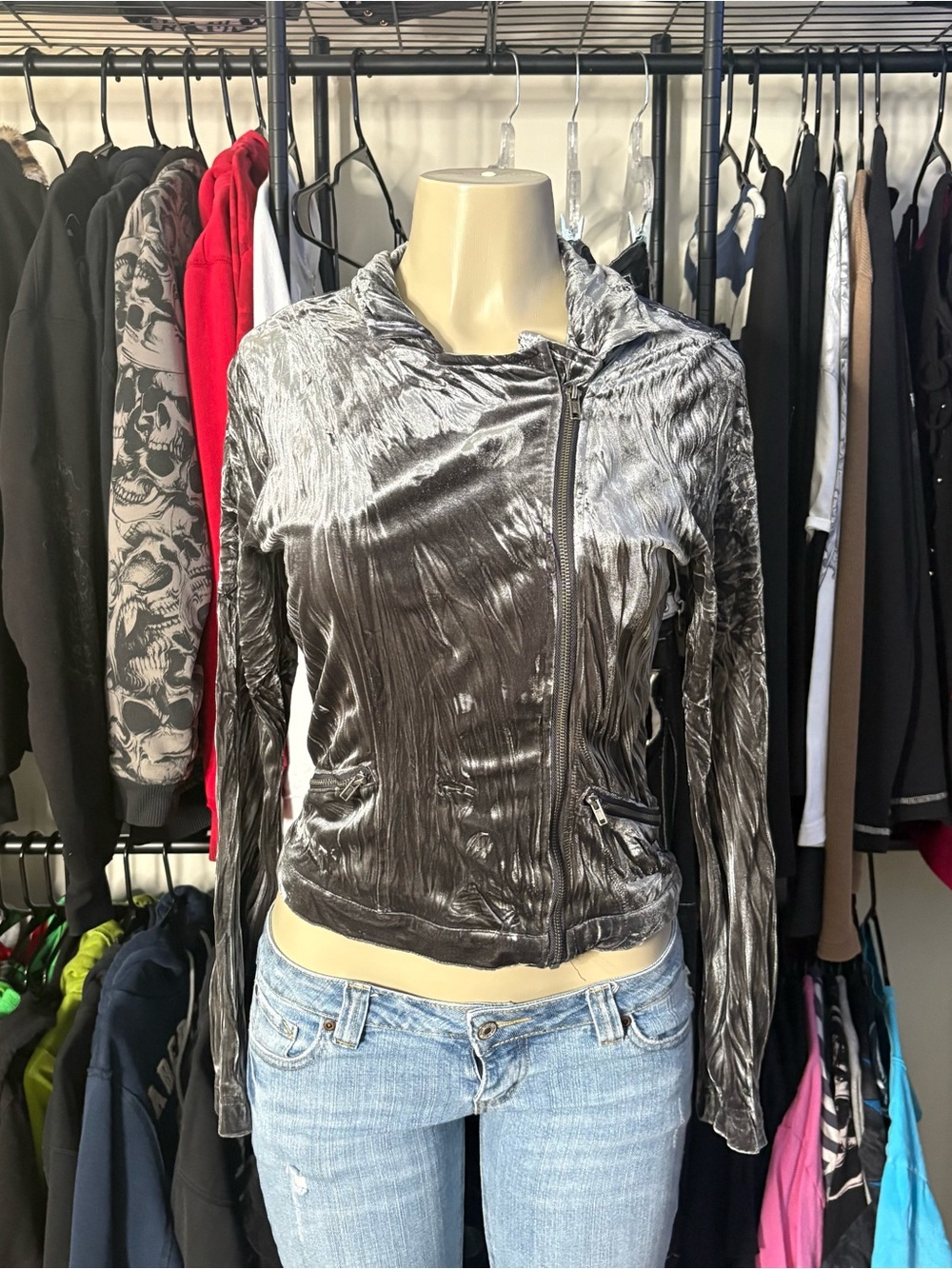 Y2K Mudd Silver Crushed Velvet Track Jacket